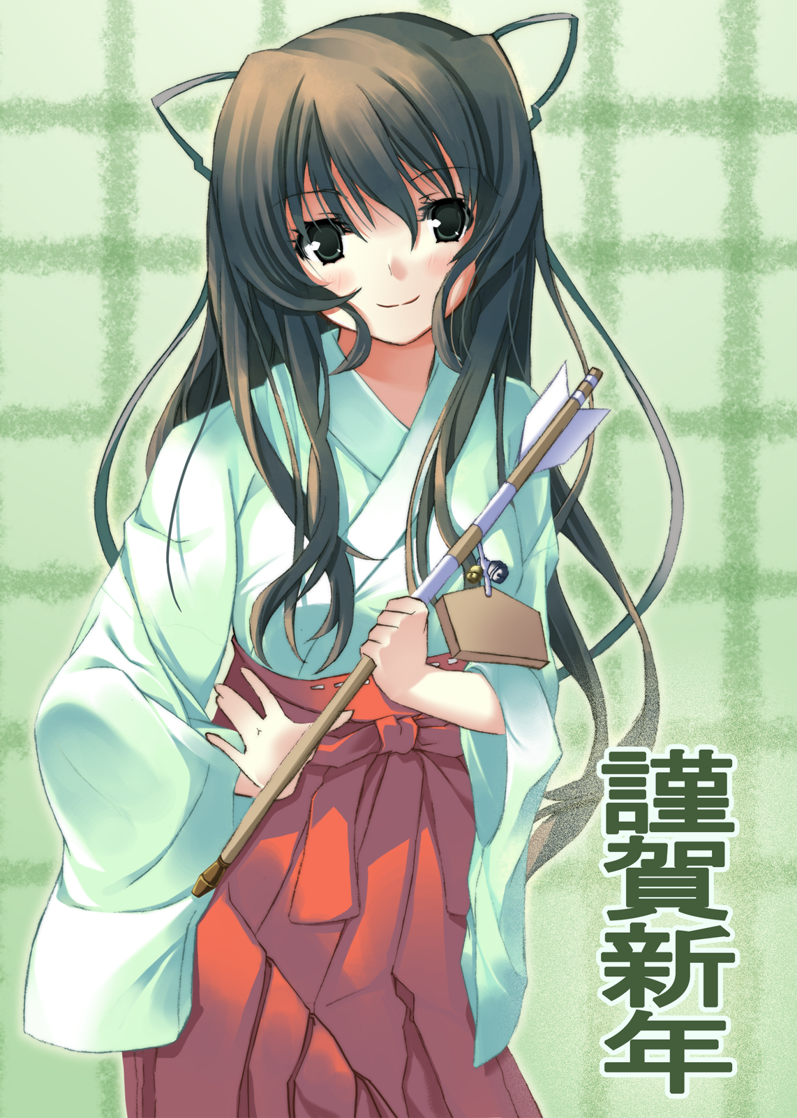 matsukawa (pale scarlet), highres, 1girl, arrow (projectile), black eyes, black hair, female focus, hamaya, japanese clothes, long hair, miko, ribbon, solo