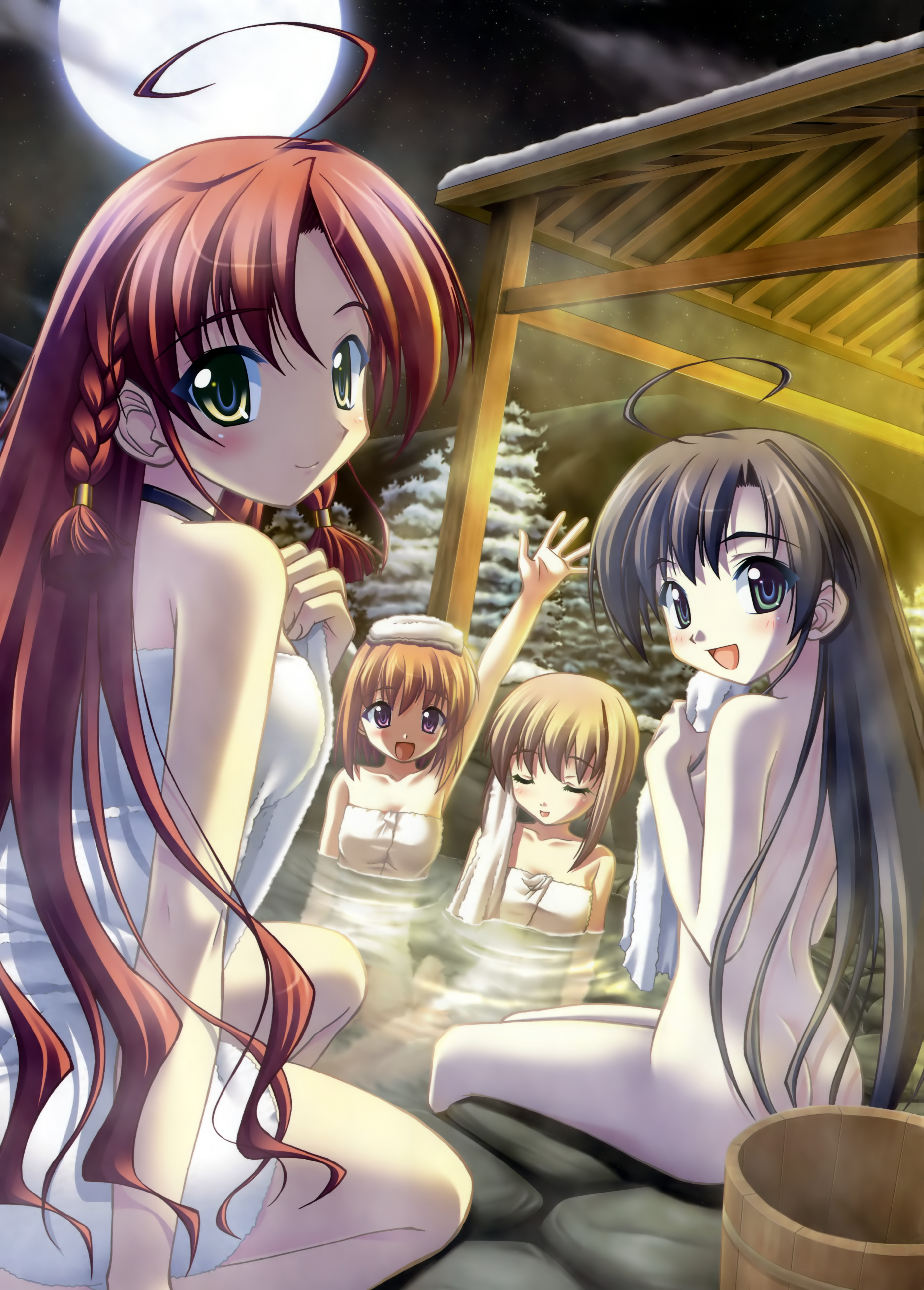 yamino kenji, asanagi mio, takanashi miyuki, asanagi no aquanauts, absurdres, highres, 4girls, ahoge, ass, bath, blush, braid, choker, covering privates, long hair, looking back, multiple girls, naked towel, nude, nude cover, onsen, towel, twin braids
