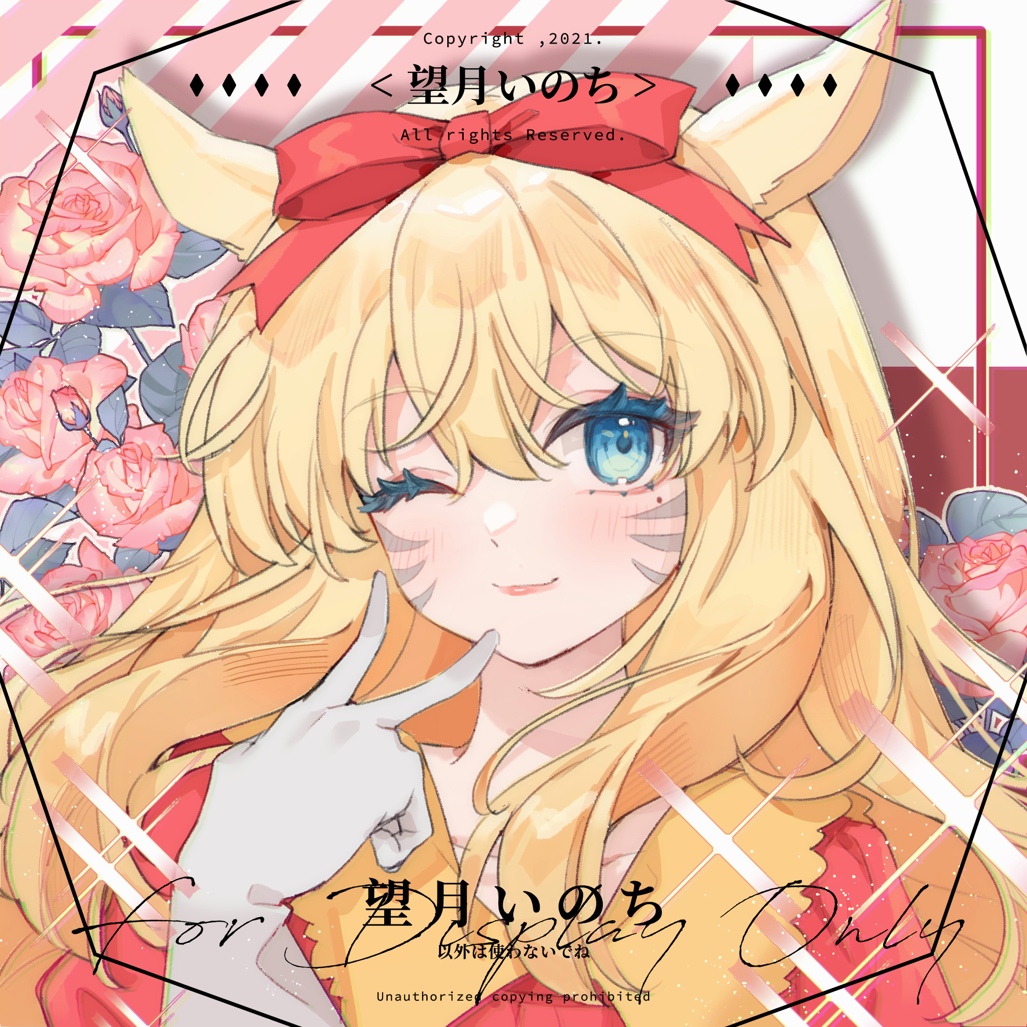 mochizuki inochi, original, highres, 1girl, ;), animal ears, artist name, blonde hair, blue eyes, blush, bow, closed mouth, flower, gloves, hair between eyes, hair bow, hand up, leaf, long hair, looking at viewer, one eye closed, pink flower, pink rose, portrait, red bow, red shirt, rose, shirt, smile, solo, white gloves
