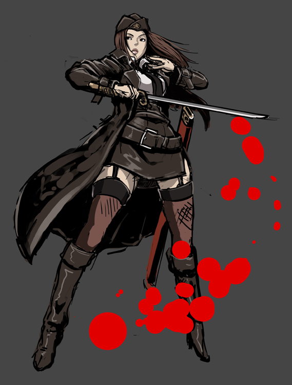 butcha-u, original, tokyo gore police, uniform, 1girl, belt, blood, boots, brown hair, coat, female focus, garter belt, gloves, hat, katana, necktie, sheath, skirt, solo, sword, thighhighs, trench coat, weapon