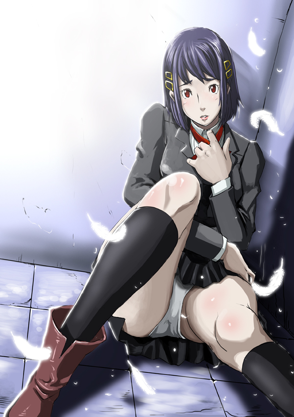 butcha-u, morimoto kanaru, atlus, persona, persona trinity soul, 00s, 1girl, black hair, female focus, hair ornament, hairclip, panties, pantyshot, purple hair, red eyes, school uniform, solo, spread legs, underwear, upskirt, white panties