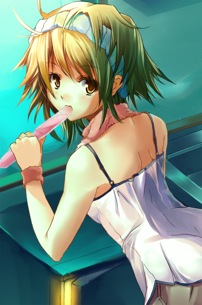 matsukawa (pale scarlet), original, highres, brown eyes, brown hair, food, hairband, ice cream, short hair, solo, towel