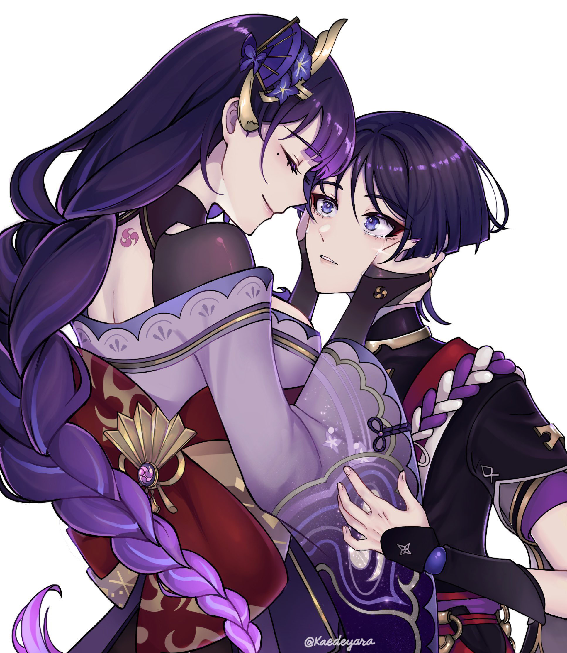 kaedeyara, raiden shogun, scaramouche (genshin impact), genshin impact, commentary, english commentary, highres, 1boy, 1girl, ||/, armor, artist name, blush, braid, bridal gauntlets, closed eyes, closed mouth, crying, crying with eyes open, eyelashes, eyeliner, fingernails, gradient hair, hair ornament, hands on another's face, japanese armor, japanese clothes, kote, kurokote, long hair, long sleeves, looking at another, low-braided long hair, low-tied long hair, makeup, mitsudomoe (shape), mole, mole under eye, mother and son, multicolored hair, nape, obi, obiage, obijime, purple eyes, purple hair, purple nails, red eyeliner, sash, sidelocks, simple background, smile, standing, tattoo, tears, tomoe (symbol), twitter username, upper body, very long hair, vision (genshin impact), white background, wide sleeves