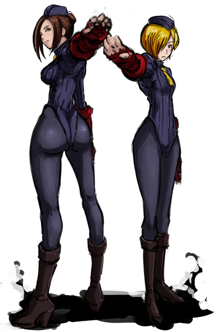 butcha-u, juli (street fighter), juni (street fighter), capcom, street fighter, street fighter zero (series), black legwear, 1990s (style), 2girls, ass, back-to-back, blonde hair, boots, brown hair, combat boots, full body, garrison cap, hair bun, hair over one eye, hat, knee boots, leotard, multiple girls, pantyhose, retro artstyle, ribbed leotard, salute, short hair, single hair bun, standing