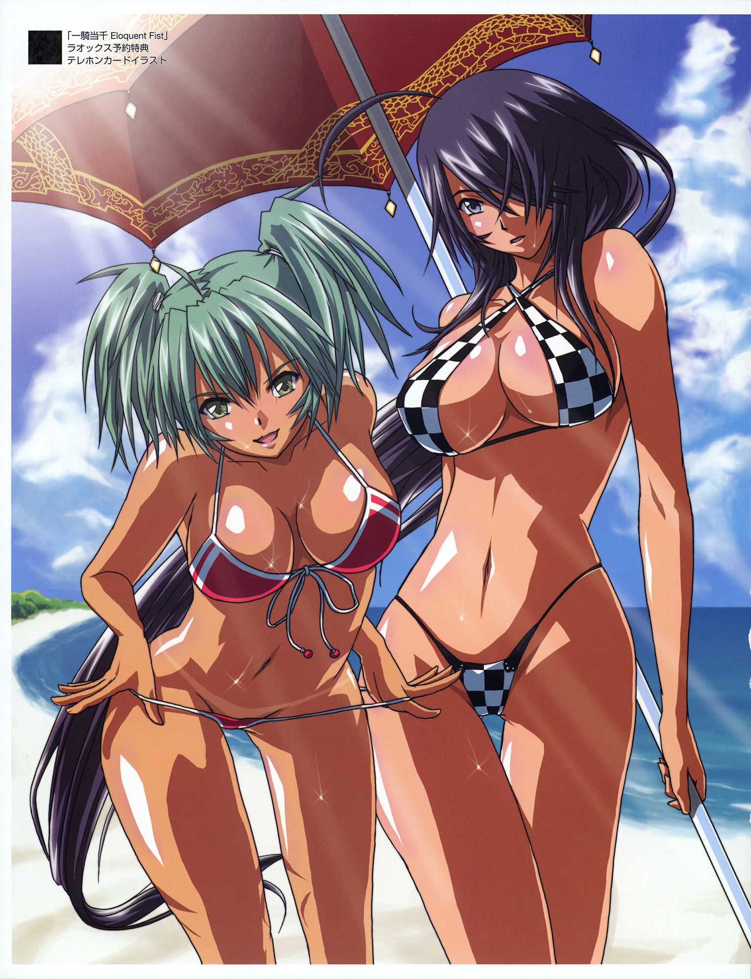 kan'u unchou, ryofu housen, ikkitousen, ikkitousen eloquent fist, highres, official art, scan, 00s, 2girls, :d, :o, adjusting clothes, adjusting swimsuit, ahoge, alternate costume, beach, beach umbrella, bikini, bikini pull, bikini tan, black hair, blue eyes, blush, body blush, breasts, breasts apart, checkered bikini, checkered clothes, cleavage, clothes pull, cloud, copyright name, cowboy shot, criss-cross halter, dark-skinned female, dark skin, day, front-tie bikini top, front-tie top, green eyes, green hair, groin, hair over one eye, halterneck, highleg, highleg bikini, holding, large breasts, leaning forward, light rays, long hair, looking at viewer, multiple girls, navel, ocean, one-piece swimsuit pull, open mouth, outdoors, pulling own clothes, red bikini, scrunchie, shiny skin, short hair, short twintails, sideboob, sky, smile, sparkle, standing, strap pull, string bikini, sunbeam, sunlight, swimsuit, tan, tanline, thigh gap, twintails, umbrella, very long hair, water, wide hips
