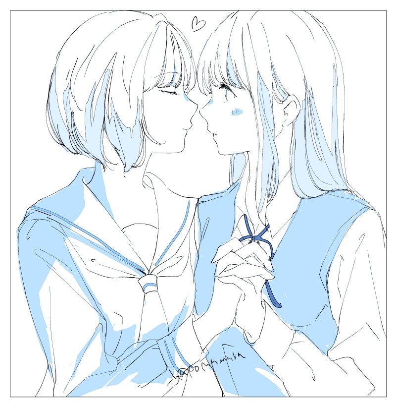 ponumula, original, commentary, 2girls, closed eyes, closed mouth, collared shirt, heart, holding hands, interlocked fingers, long hair, looking at another, monochrome, multiple girls, parted lips, sailor collar, school uniform, serafuku, shirt, short hair, upper body, vest, yuri