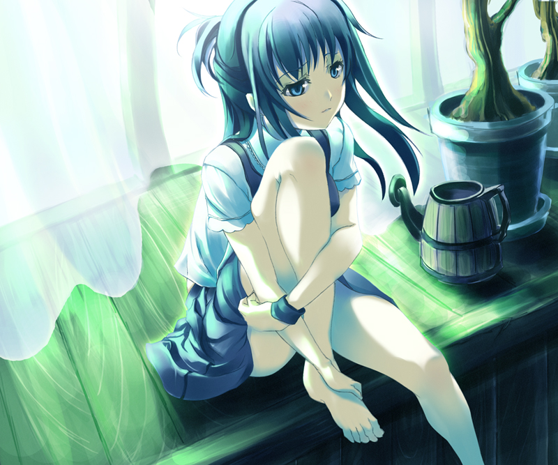 matsukawa (pale scarlet), original, barefoot, blue eyes, blue hair, feet, hands on feet, hugging own legs, long hair, pale skin, plant, potted plant, skirt, solo, window
