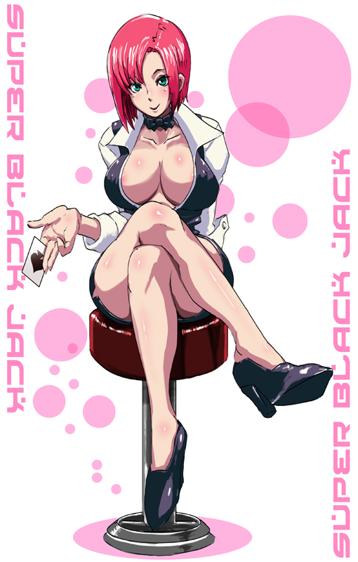butcha-u, rio rollins, super blackjack, tecmo, 1girl, breasts, card, cleavage, covered erect nipples, crossed legs, croupier, female focus, green eyes, holding, holding card, large breasts, pink hair, simple background, sitting, solo