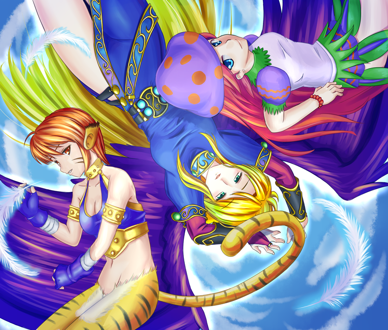 tsukeyakiba, katt (breath of fire), nina (breath of fire ii), spar, breath of fire, breath of fire ii, capcom, 3girls, angel wings, animal ears, black wings, blonde hair, blue eyes, cat ears, cat tail, dress, feathers, green eyes, hat, long hair, multiple girls, mushroom girl, orange hair, pink hair, red eyes, red hair, short hair, side slit, tail, very long hair, wings