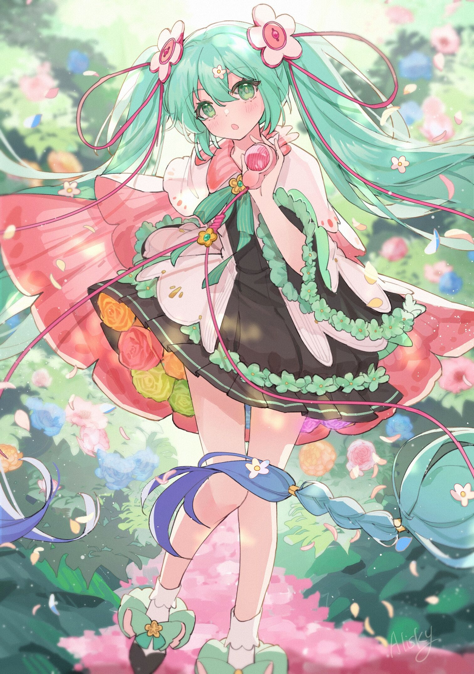 mochizuki inochi, hatsune miku, vocaloid, highres, 1girl, :o, black dress, black shoes, blue hair, blurry, blurry background, blush, braid, dress, feet out of frame, gradient hair, green eyes, green hair, hair between eyes, hair ornament, hand up, long hair, long sleeves, looking at viewer, multicolored hair, open mouth, outdoors, petals, shoes, socks, solo, standing, twintails, very long hair, white socks, wide sleeves