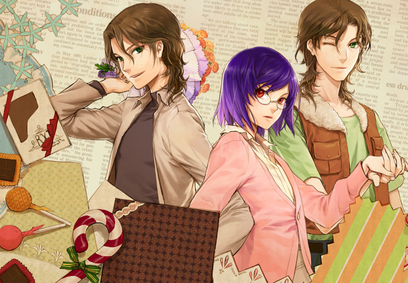 salt (salty), lockon stratos, lyle dylandy, neil dylandy, tieria erde, gundam, gundam 00, 00s, 2boys, bouquet, candy, candy cane, flower, food, glasses, holding hands, lollipop, male focus, multiple boys, one eye closed, purple hair, red eyes, short hair, smile, wink