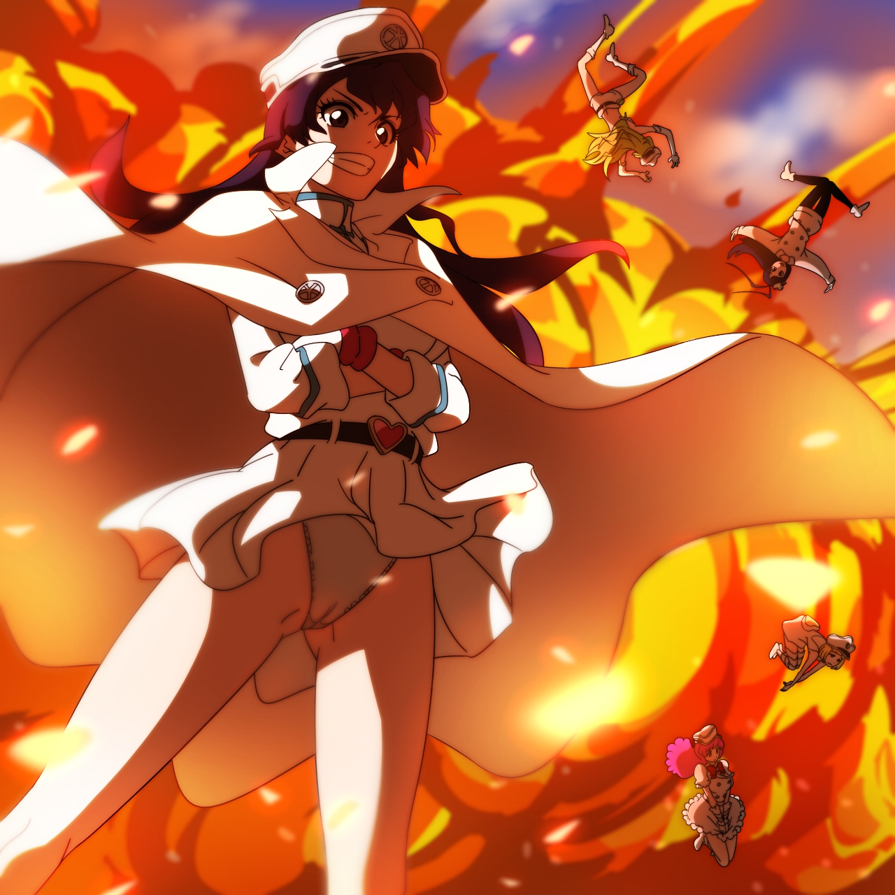 m o (prftz), bambietta basterbine, candice catnipp, giselle gewelle, liltotto lamperd, meninas mcallon, bleach, bleach: sennen kessen-hen, commentary, highres, 1boy, 4girls, black hair, crossdressing, crossdressing (mtf), crossed arms, explosion, flare, floating hair, green hair, grin, hat, heart belt, long hair, military hat, military uniform, multiple girls, panties, pink hair, quincy (bleach), short hair, smile, underwear, wandenreich uniform, white hat, white panties