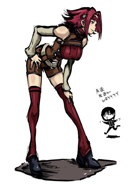butcha-u, kouzuki kallen, lelouch vi britannia, code geass, 00s, 1boy, 1girl, bent over, pink hair, shorts, sleeveless, sleeveless turtleneck, thighhighs, turtleneck, wryyyyyyyyyyyyyyyyyyyy