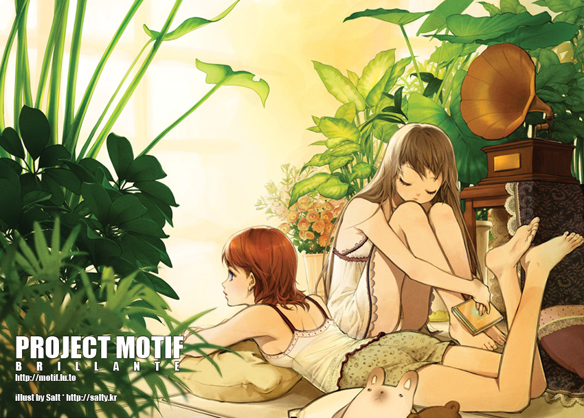 salt (salty), original, 2girls, artistic error, barefoot, blonde hair, book, camisole, feet, flower, legs, lingerie, long hair, multiple girls, nightgown, phonograph, pillow, plant, red hair, short hair, toes, underwear