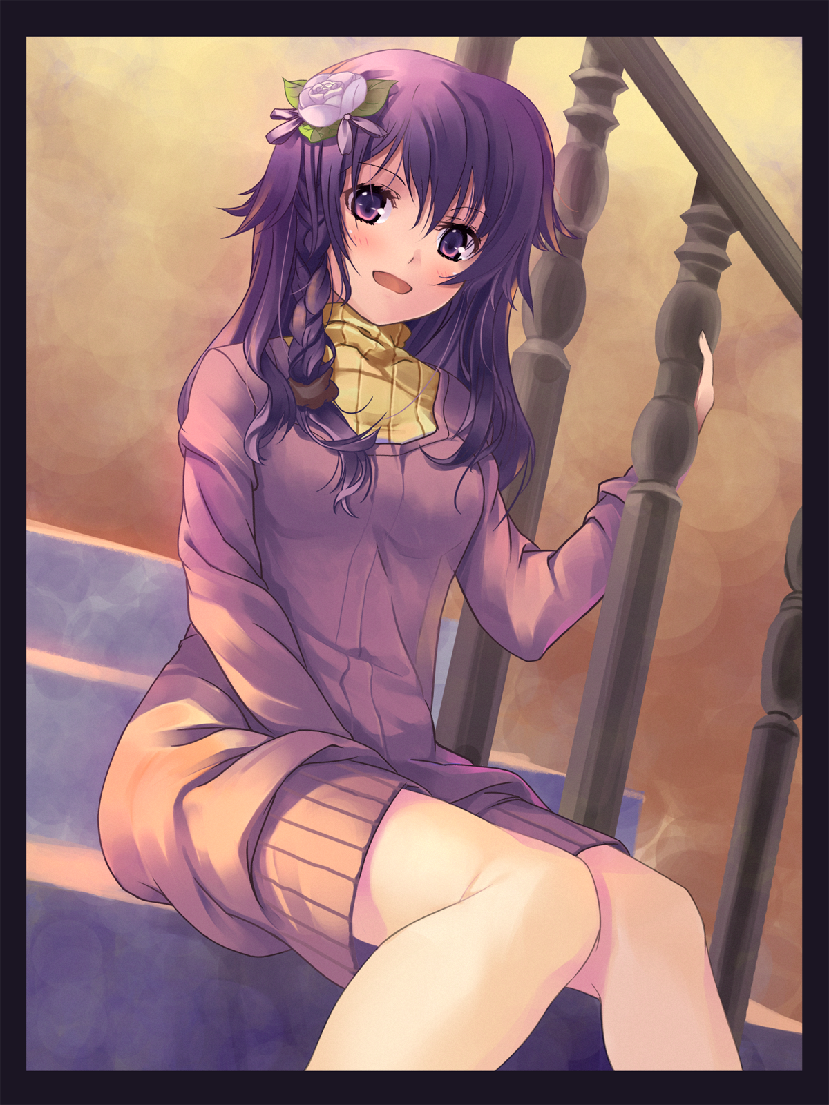 matsukawa (pale scarlet), original, highres, 1girl, border, braid, dress, female focus, flower, hair flower, hair ornament, long hair, looking at viewer, purple eyes, purple hair, sitting, sitting on stairs, smile, solo, stairs, sweater, sweater dress, turtleneck