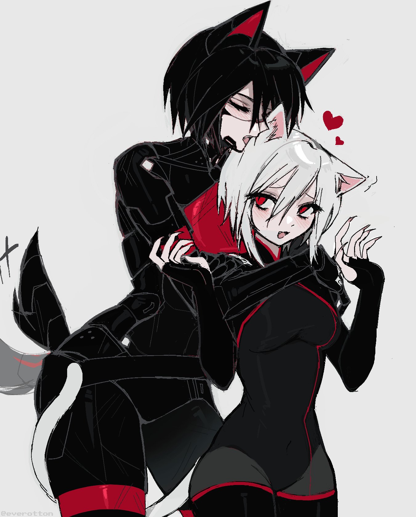 eve (everotten), ariane yeong, elster (signalis), signalis, highres, 2girls, android, animal ears, arms around neck, belt, black bodysuit, black hair, blush, bodysuit, cat ears, cat girl, cat tail, claws, closed eyes, dog ears, dog girl, dog tail, grey background, hands up, heart, hug, hug from behind, kemonomimi mode, multiple girls, open mouth, pantyhose, red eyes, short hair, simple background, smile, tail, tail around another's leg, tail wrap, white hair, yuri