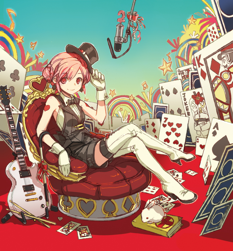 nakbe, original, white footwear, bad id, bad pixiv id, 1girl, ace (playing card), ace of clubs, ace of hearts, ace of spades, armchair, black hat, book, boots, bow, bowtie, cane, card, chair, club (shape), crossed legs, diamond (shape), drumsticks, eight of diamonds (playing card), female focus, floating card, gloves, guitar, halterneck, hat, hat tip, heart, high heels, high waist, instrument, joker (playing card), king (playing card), king of diamonds, king of spades, legs, looking at viewer, microphone, mini hat, mini top hat, musical note, pink hair, playing card, queen (playing card), queen of diamonds, queen of hearts (playing card), rabbit, red eyes, red ribbon, red upholstery, ribbon, shirt, shoes, short hair, shorts, sitting, solo, spade, spade (shape), star (symbol), studio microphone, tattoo, thigh boots, thighhighs, top hat, vest, white gloves, white heels, white shirt