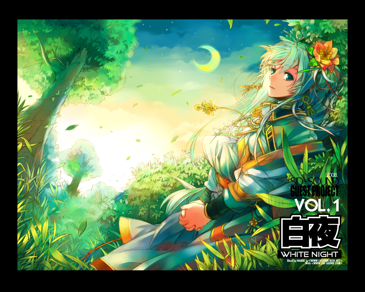 nakbe, original, bad id, bad pixiv id, cloud, flower, grass, green eyes, green hair, leaf, long hair, moon, night, sky, solo, star (symbol), wind