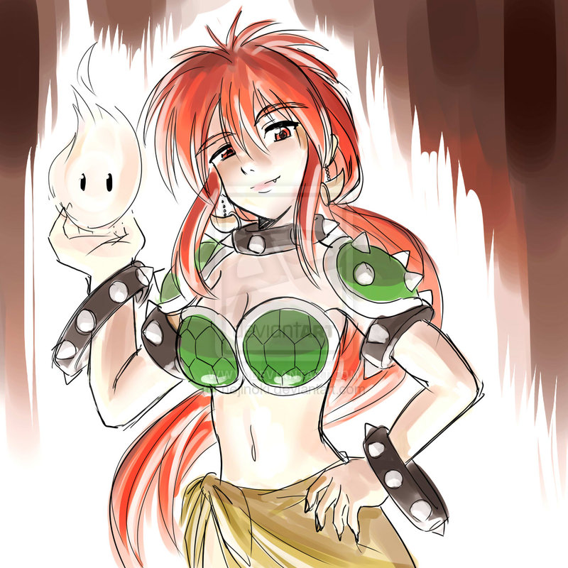 bowser, mario (series), nintendo, super mario bros. 1, gender request, tagme, breasts, collar, earrings, fire, fireball, genderswap, hexagon, horns, jewelry, lipstick, makeup, personification, ponytail, red eyes, red hair, robe, shell, shoulder pads, spikes, watermark