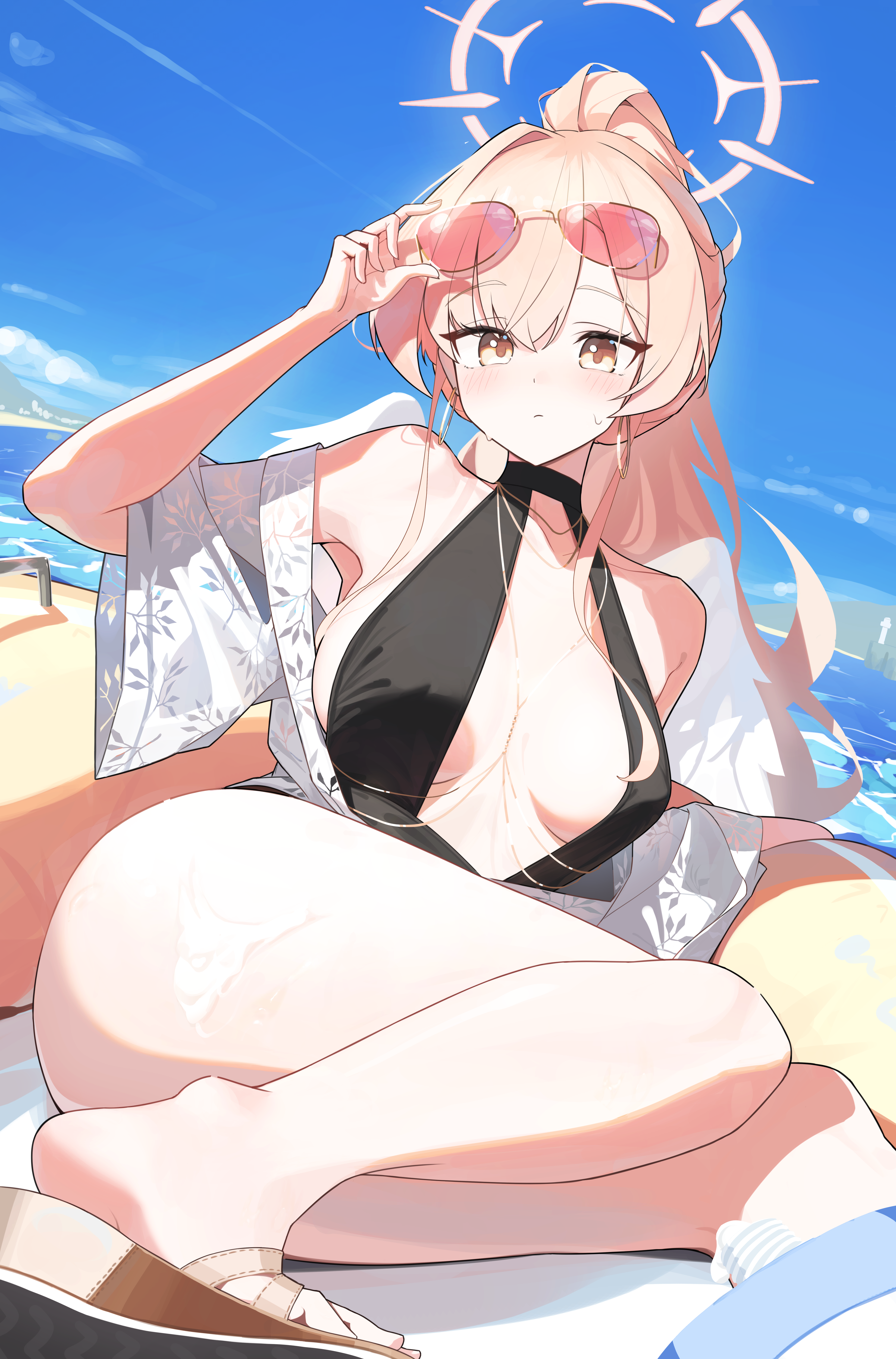 ryua (user kedz2257), nagisa (blue archive), nagisa (swimsuit) (blue archive), blue archive, absurdres, commentary, highres, revision, 1girl, arm up, armpits, ass, bare legs, beach, black one-piece swimsuit, blonde hair, blush, boat, breasts, breasts apart, casual one-piece swimsuit, eyewear on head, halo, inflatable boat, jacket, large breasts, long hair, looking at viewer, official alternate costume, on boat, one-piece swimsuit, orange-tinted eyewear, outdoors, ponytail, sandals, sitting, solo, sweatdrop, swimsuit, tinted eyewear, watercraft, white jacket