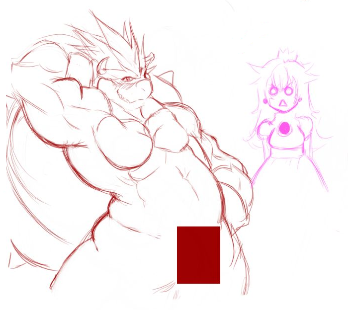 bowser, koopa, mario, princess peach, mario (series), nintendo, super mario bros. 1, 1boy, 1girl, censored, crown, king, long hair, monochrome, muscular, princess, raikenji