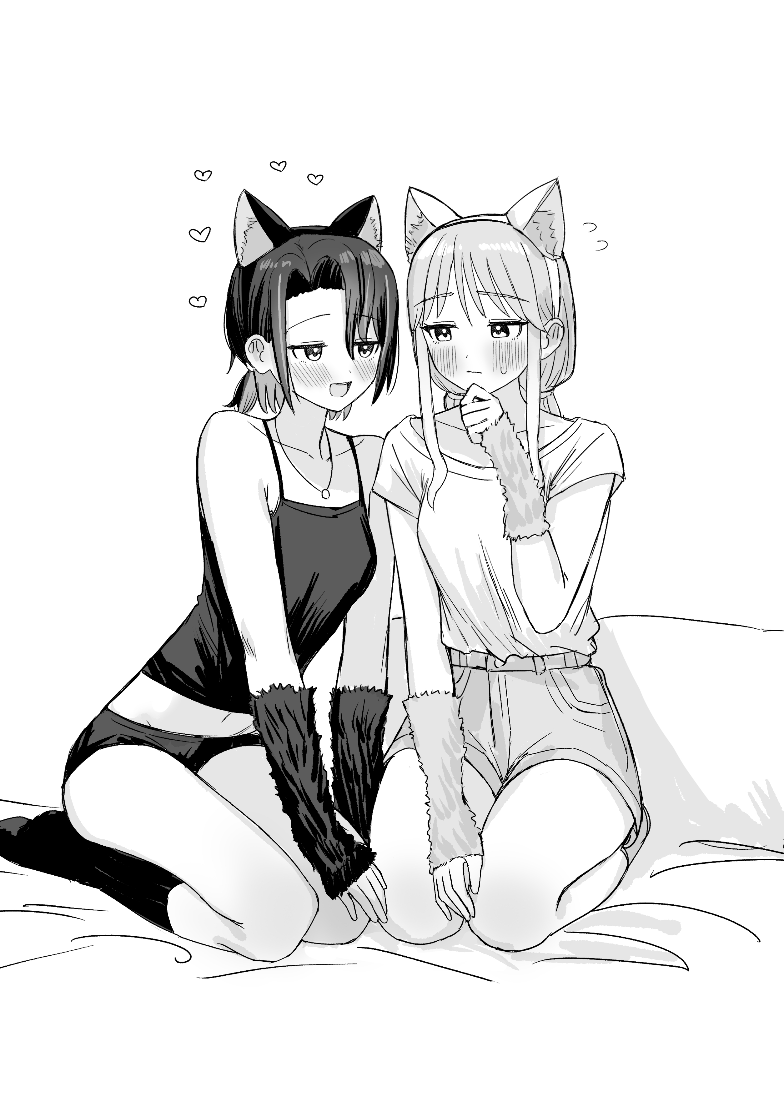 ssrbonknow, original, absurdres, highres, paid reward available, 2girls, animal ear hairband, animal ears, arm warmers, blush, camisole, cat ears, fake animal ears, flying sweatdrops, greyscale, hairband, heart, jewelry, long hair, monochrome, multiple girls, necklace, on bed, open mouth, pillow, ponytail, seiza, shirt, short ponytail, shorts, sitting, smile, socks, sweat, sweatdrop, yuri