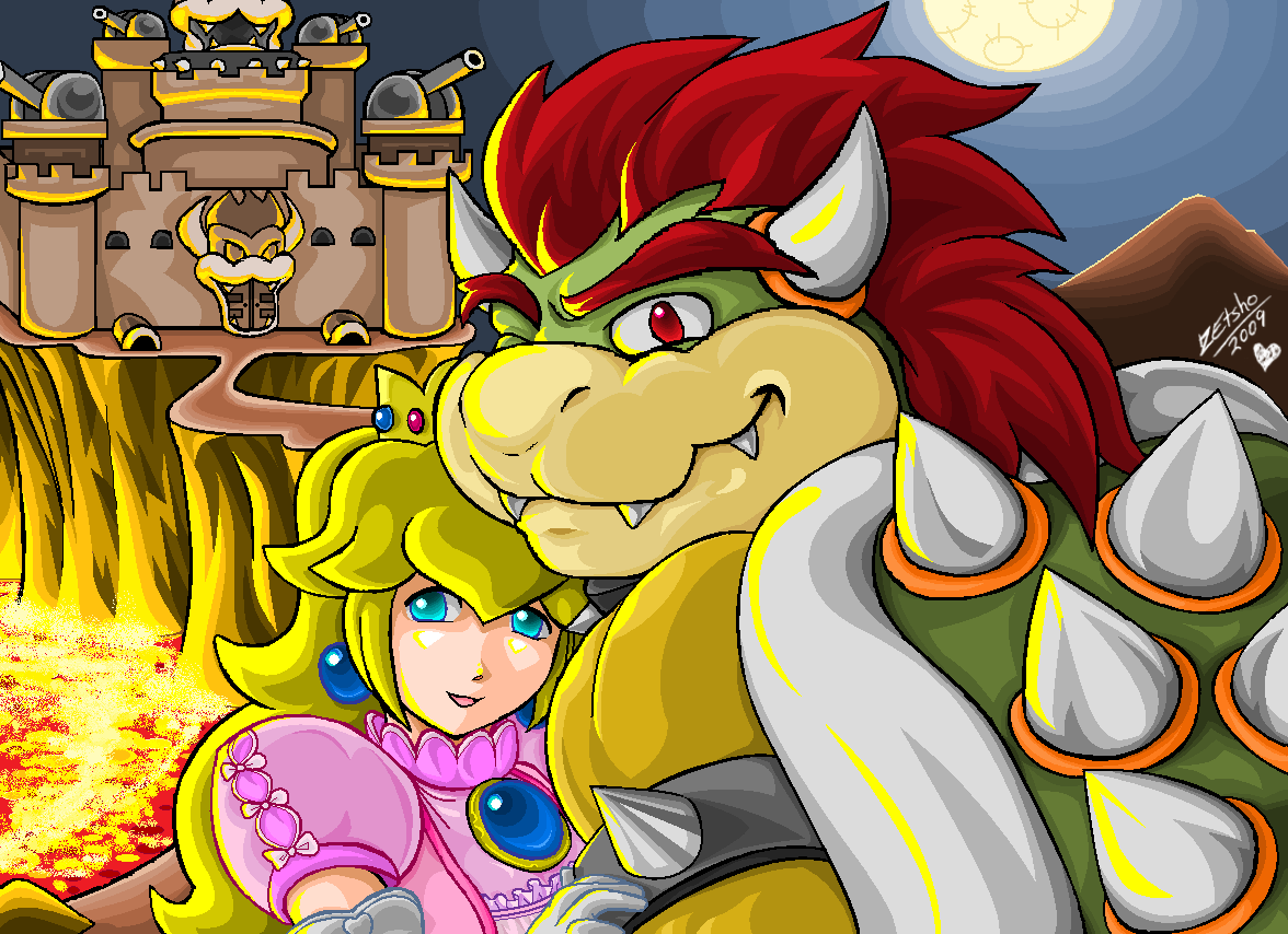zetsho, bowser, koopa, mario, princess peach, nintendo, super mario bros. 1, castle, food, fruit, king, lava, moon, peach, wink