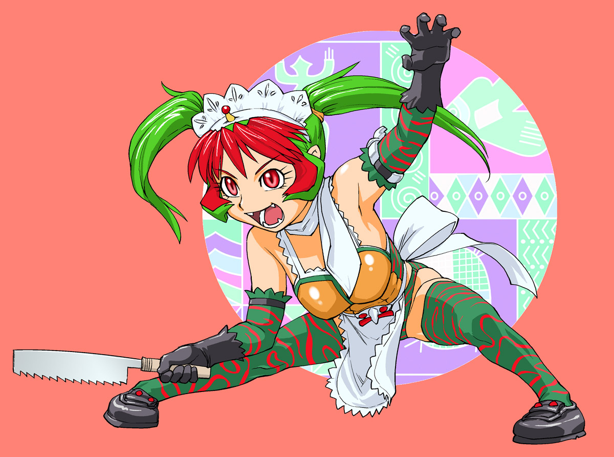 ueyama michirou, kamen rider amazon, rider-tan, kamen rider, kamen rider amazon (series), 1girl, apron, fangs, female focus, full body, gloves, hairband, maid, maid apron, red eyes, scarf, solo, thighhighs