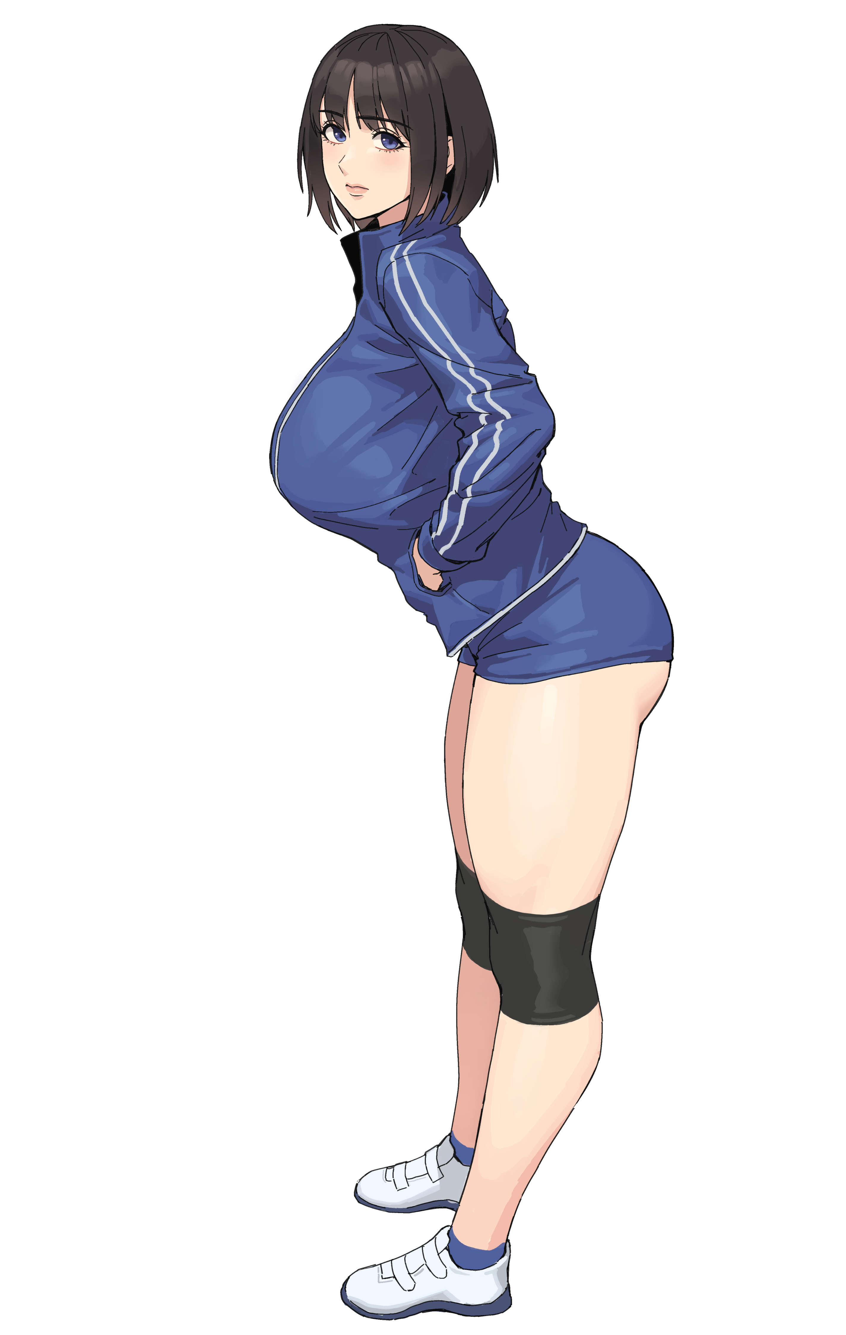 ksksksa, original, absurdres, highres, 1girl, ass, black hair, blue eyes, blue jacket, blue shorts, breasts, full body, gym shorts, jacket, knee pads, large breasts, leaning forward, looking at another, looking to the side, shoes, short hair, shorts, solo, thick thighs, thighs, track jacket, white shoes