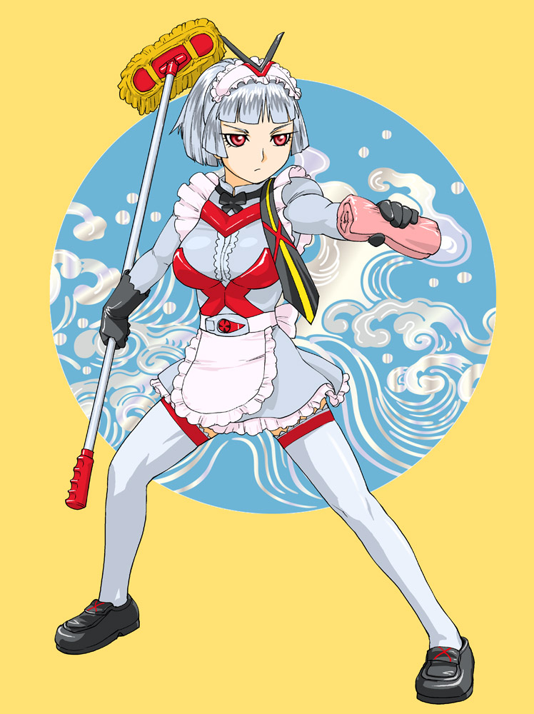 ueyama michirou, kamen rider x, rider-tan, kamen rider, silver hair, 1girl, broom, female focus, full body, gloves, hairband, maid, red eyes, scarf, short hair, skirt, solo, standing, thighhighs