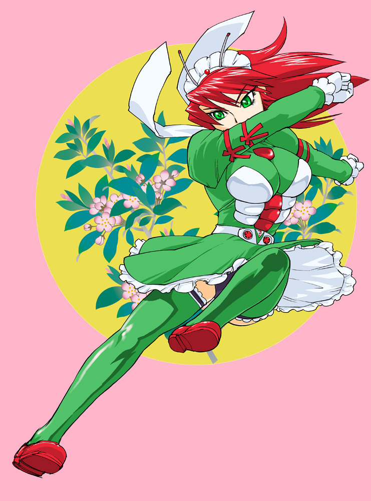 ueyama michirou, kamen rider v3, rider-tan, kamen rider, 1girl, apron, double typhoon (v3), female focus, full body, gloves, green eyes, hairband, kicking, maid, maid apron, scarf, skirt, solo, thighhighs, upskirt