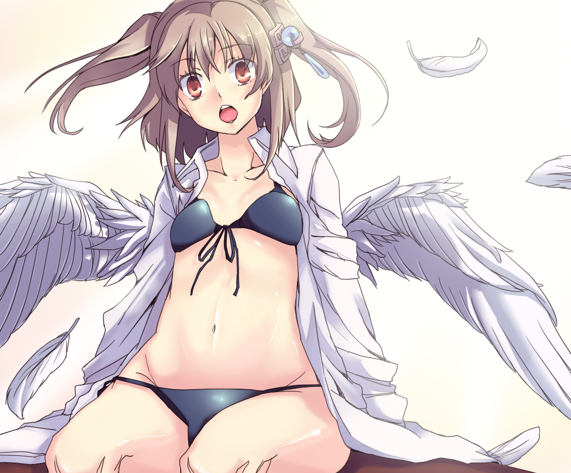 garakuta omocha, koyoi mitsuki, bad id, bad pixiv id, 1girl, angel, bikini, brown eyes, brown hair, female focus, shirt, solo, swimsuit, twintails, white shirt, wings