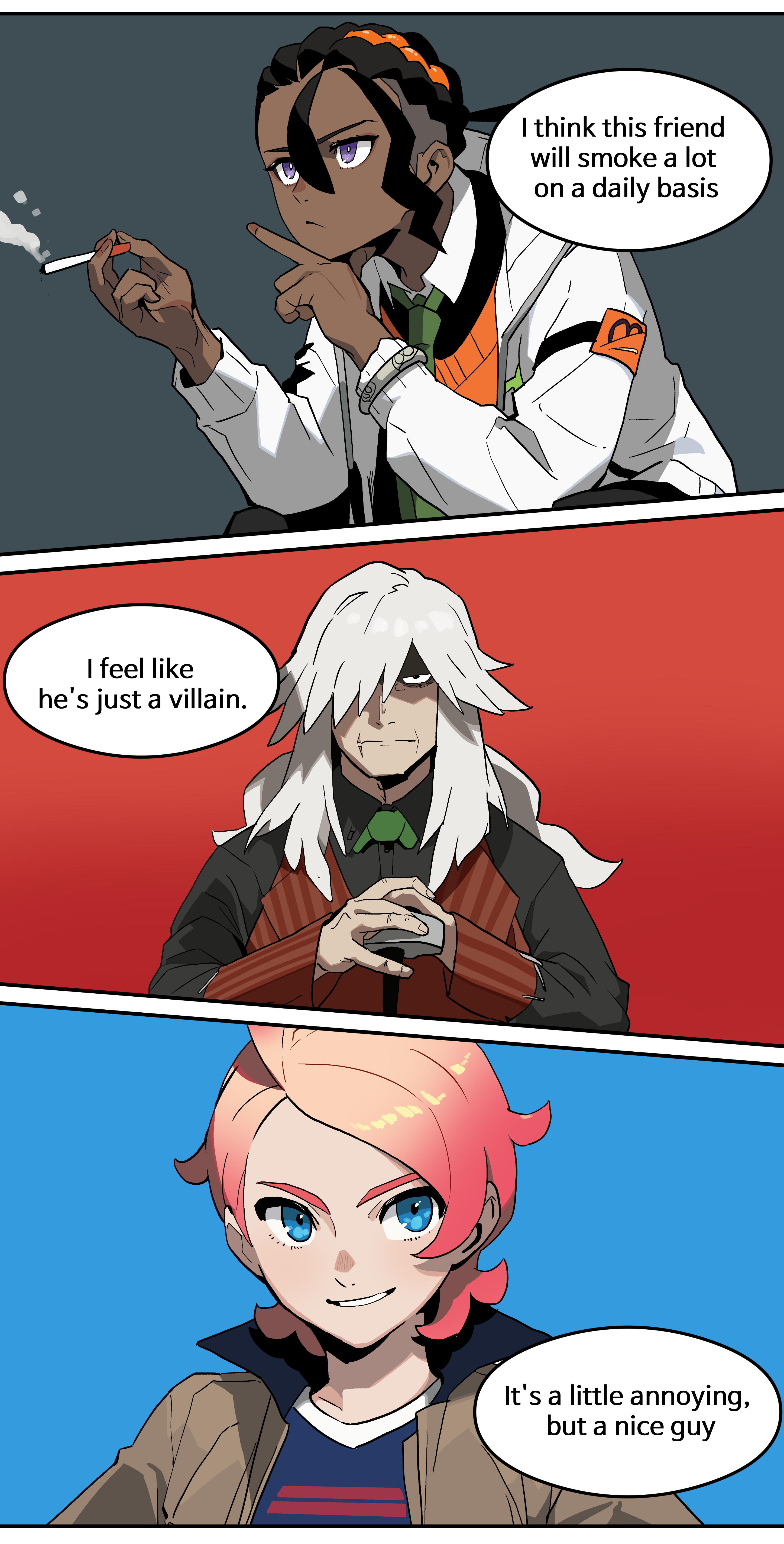 eg58561415, az (pokemon), naveen (pokemon), urbain (pokemon), nintendo, pokemon, pokemon legends: z-a, absurdres, commentary request, highres, 3boys, black hair, blue eyes, bracelet, brown jacket, cane, cigarette, closed mouth, dark-skinned male, dark skin, english text, green necktie, grin, hands up, holding, holding cane, holding cigarette, jacket, jewelry, long sleeves, male focus, multiple boys, necktie, open clothes, open jacket, orange vest, shirt, smile, smoking, speech bubble, teeth, vest, white jacket