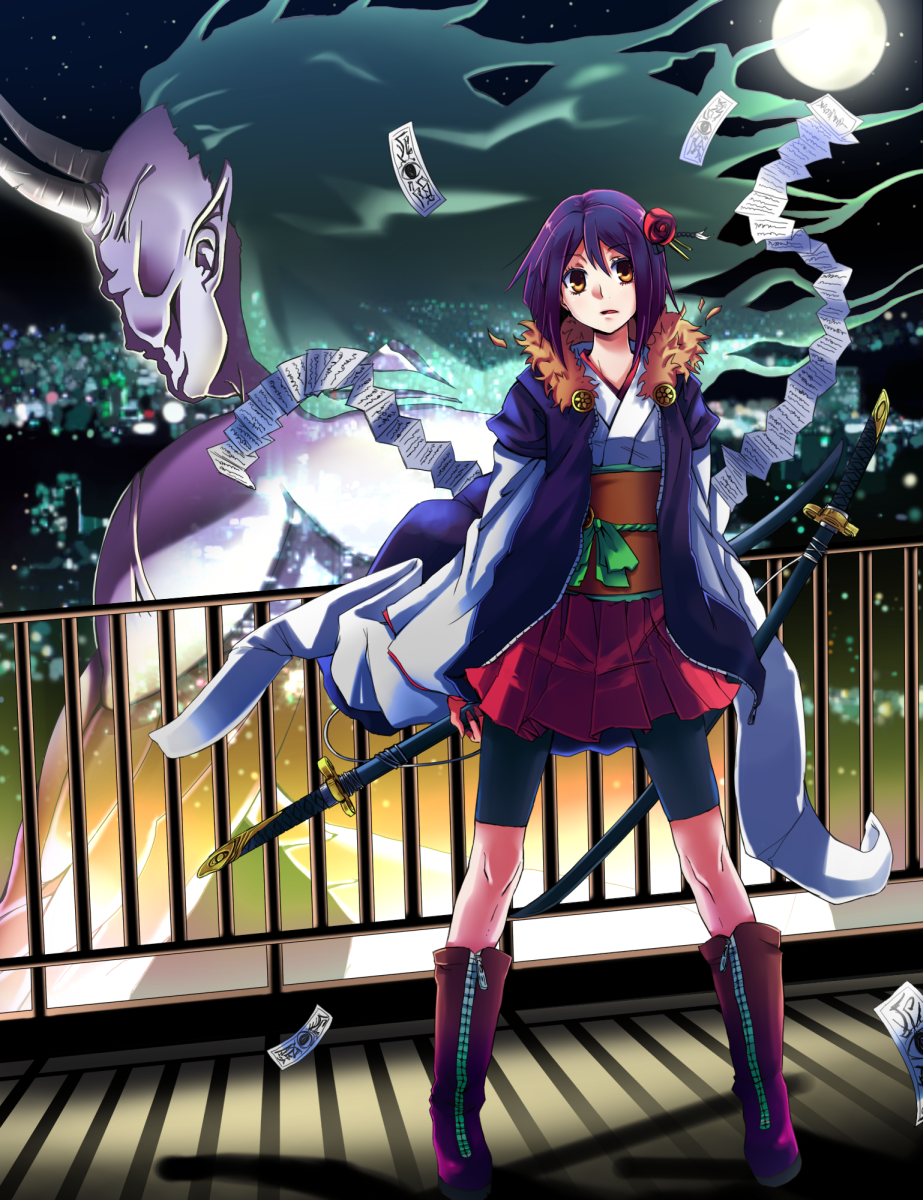 garakuta omocha, koyoi mitsuki, original, bad id, bad pixiv id, highres, 1girl, bike shorts, boots, brown eyes, cityscape, female focus, flower, japanese clothes, katana, moon, night, purple hair, rose, short hair, solo, sword, weapon