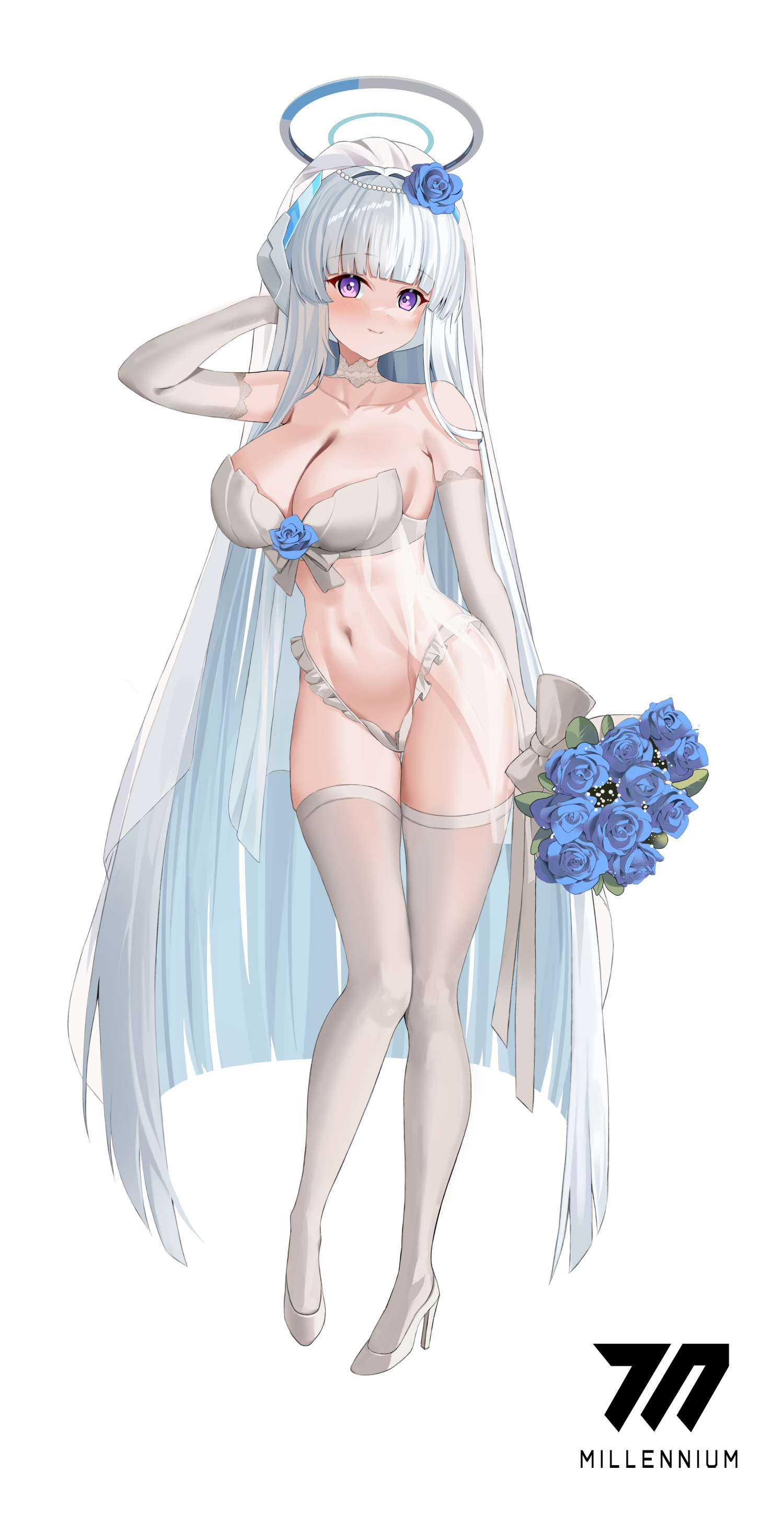 nacho (nacho 1103), noa (blue archive), blue archive, absurdres, highres, 1girl, alternate costume, arm behind head, bouquet, bra, breasts, bridal veil, cleavage, elbow gloves, flower, gloves, hair flower, hair ornament, halo, headgear, highleg, highleg panties, holding, holding bouquet, large breasts, long hair, mechanical halo, millennium science school logo, navel, panties, purple eyes, solo, thighhighs, underwear, veil, white background, white bra, white hair, white halo, white panties, white thighhighs