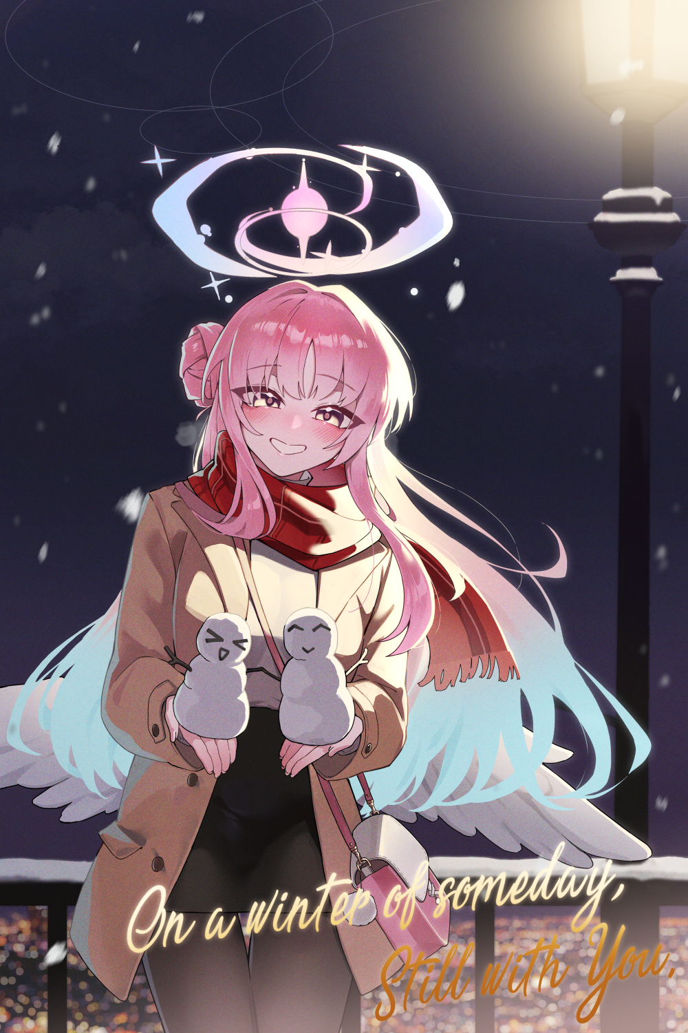 rodeong r, mika (blue archive), blue archive, commentary request, highres, korean commentary, 1girl, alternate costume, aqua hair, black pantyhose, black skirt, blush, breath, brown jacket, casual, cowboy shot, english text, feathered wings, fingernails, gradient hair, hair bun, halo, jacket, long hair, looking at viewer, multicolored hair, outdoors, pantyhose, pink hair, railing, red scarf, scarf, single side bun, skirt, smile, snowing, snowman, solo, sweater, very long hair, white sweater, white wings, wings, yellow eyes