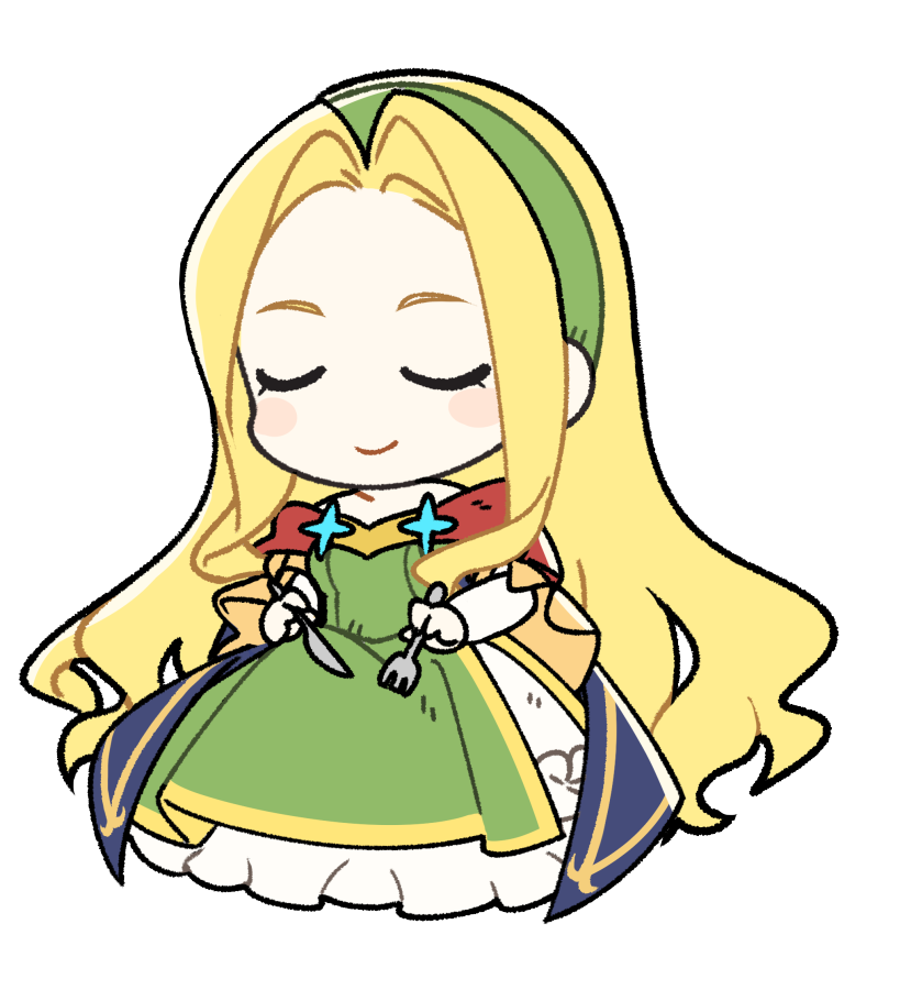 cloe da pontina, nexon, tales weaver, artist request, bad source, official art, second-party source, 1girl, blonde hair, blue cape, blush stickers, breasts, cape, chibi, chibi only, closed mouth, curtained hair, dress, elbow gloves, eyelashes, fork, full body, gloves, gown, green dress, green hairband, hair intakes, hairband, holding, holding fork, holding spork, long dress, long hair, long sidelocks, medium breasts, petticoat, princess dress, princess outfit, sidelocks, simple background, smile, solo, spork, strapless, strapless dress, three-quarter sleeves, transparent background, very long hair, white gloves, wide sleeves, yellow sleeves