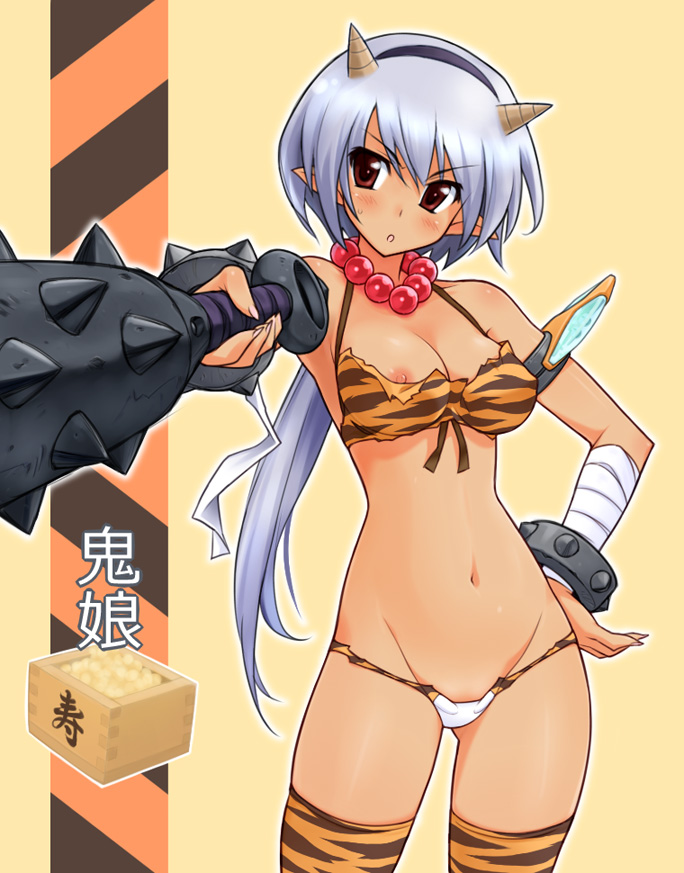 itoji, sortie, original, silver hair, 1girl, animal print, bandages, blush, bracelet, breasts, cleavage, club, club (weapon), demon girl, female focus, hairband, hand on own hip, horns, jewelry, kanabou, large breasts, long hair, lowleg, lowleg panties, necklace, nipple slip, nipples, oni, panties, pointy ears, ponytail, solo, spiked bat, spiked club, thighhighs, tiger print, underwear, weapon