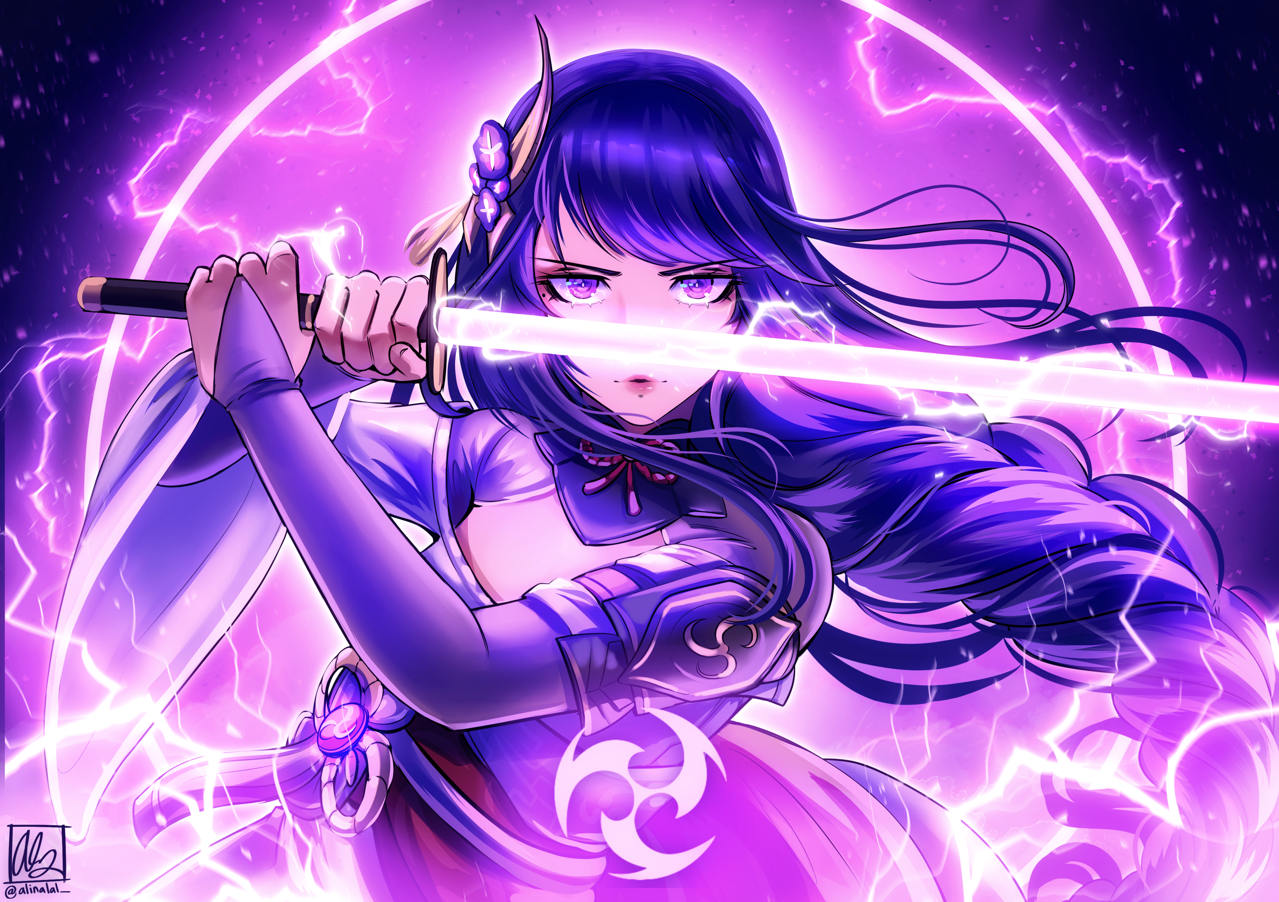 alina l, raiden shogun, genshin impact, absurdres, highres, 1girl, armor, blunt bangs, braid, dynamic pose, electricity, eyeshadow, flower, glowing, glowing sword, glowing weapon, hair ornament, holding, holding weapon, japanese clothes, katana, kimono, long hair, looking at viewer, low-braided long hair, low-tied long hair, makeup, mitsudomoe (shape), mole, mole under eye, purple eyes, purple flower, purple hair, purple theme, red eyeshadow, solo, sword, tomoe (symbol), vision (genshin impact), weapon