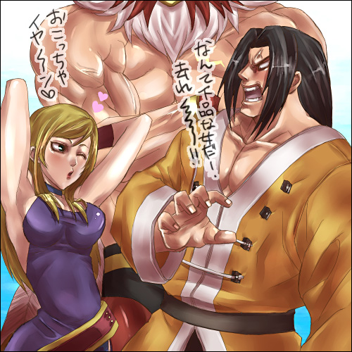 b. jenet, gato, tizoc, tizoc (snk), fatal fury, garou: mark of the wolves, snk, the king of fighters, lowres, tagme, translation request, 1girl, 2boys, armpits, bare arms, bare shoulders, blonde hair, heart, long hair, multiple boys, muscular, muscular male, one eye closed, skinny, upper body, wink