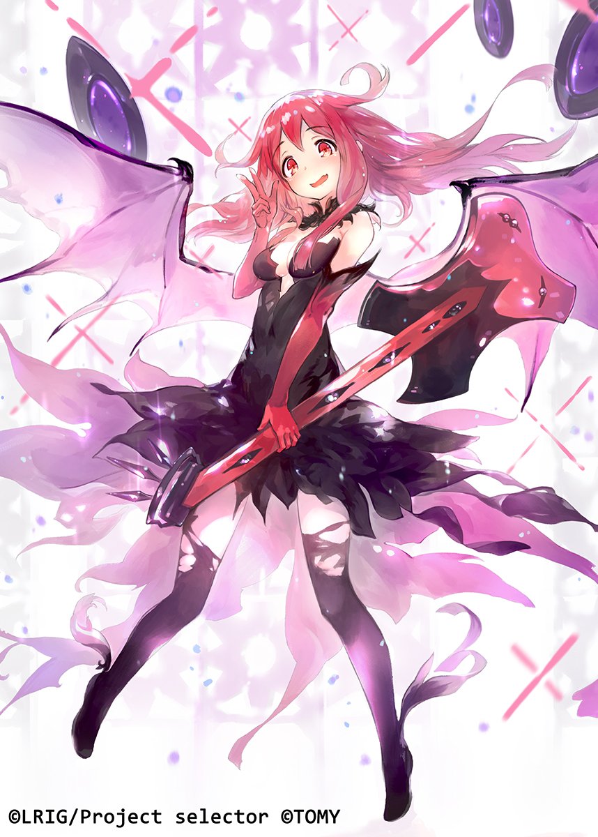 virus (obsession), guzuko, wixoss, highres, official art, 1girl, black dress, black shoes, boots, breasts, cleavage, copyright notice, demon wings, dress, elbow gloves, floating hair, gloves, guitar, holding, holding guitar, holding instrument, instrument, long hair, open mouth, red eyes, red gloves, red hair, shoes, solo, thigh boots, thighhighs, torn clothes, torn thighhighs, v, wings