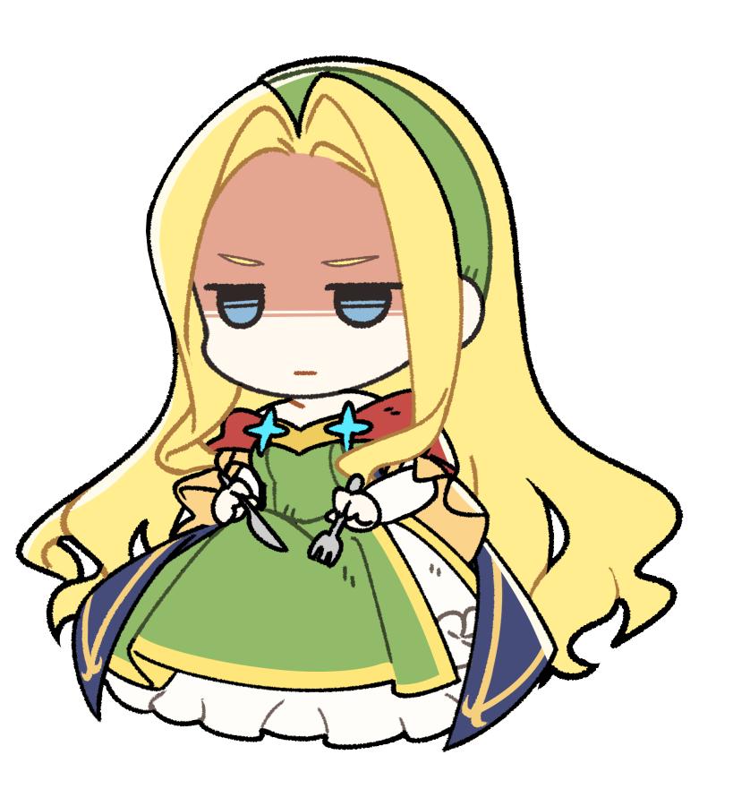 cloe da pontina, nexon, tales weaver, artist request, bad source, official art, second-party source, 1girl, blonde hair, blue cape, blue eyes, blush stickers, breasts, cape, chibi, chibi only, closed mouth, curtained hair, dress, elbow gloves, eyelashes, fork, full body, furred dragon, gloves, gown, green dress, green hairband, hair intakes, hairband, holding, holding fork, holding spork, jitome, long dress, long hair, long sidelocks, medium breasts, no nose, no sclera, partially shaded face, petticoat, princess dress, princess outfit, sidelocks, simple background, smile, solo, spork, strapless, strapless dress, three-quarter sleeves, transparent background, very long hair, white gloves, wide sleeves, yellow sleeves