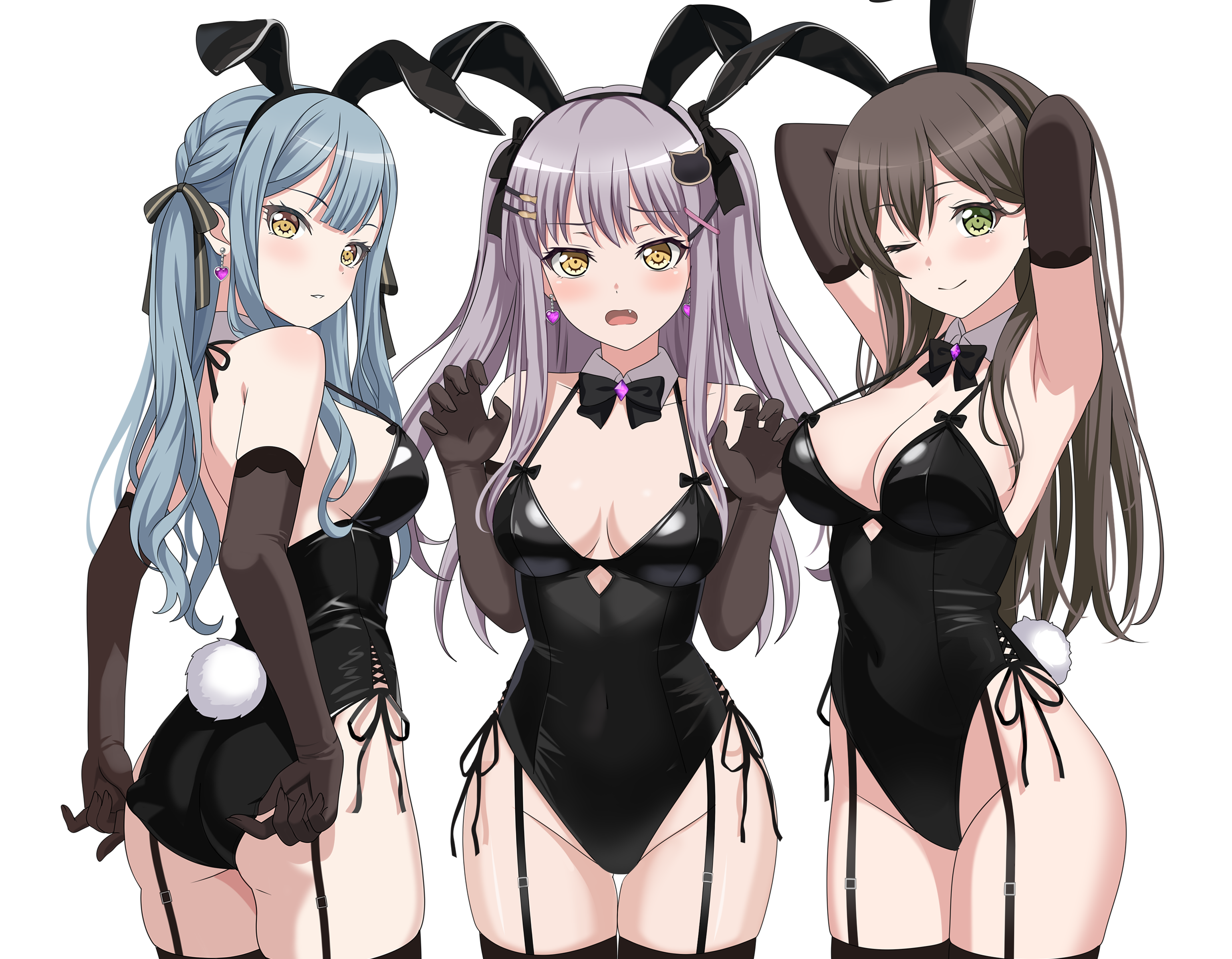 fries vanquisher, hanazono tae, minato yukina, togawa sakiko, bang dream!, bang dream! it's mygo!!!!!, absurdres, commentary, english commentary, highres, variant set, 3girls, adjusting clothes, adjusting leotard, animal ears, arms up, ass, black gloves, black hair, black leotard, black ribbon, black thighhighs, blue hair, breasts, cleavage, closed mouth, elbow gloves, fake animal ears, fang, garter straps, gloves, green eyes, grey hair, hair ribbon, large breasts, leotard, long hair, medium breasts, multiple girls, one eye closed, open mouth, playboy bunny, rabbit ears, ribbon, sidelocks, simple background, skindentation, thighhighs, two side up, white background, yellow eyes