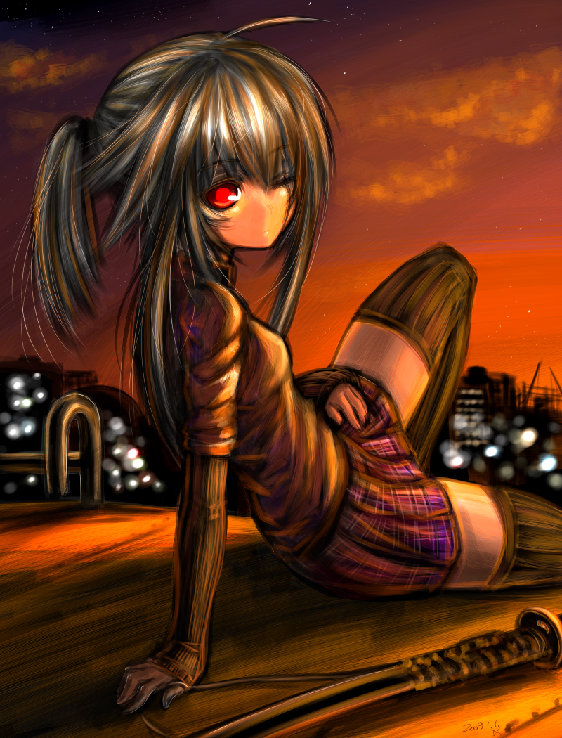 kotoba noriaki, hinomaru (kotoba), original, character request, source request, 1girl, ahoge, cityscape, female focus, katana, missing eye, plaid clothes, plaid skirt, ponytail, red eyes, scar, skirt, solo, star (symbol), sword, thighhighs, weapon, white hair