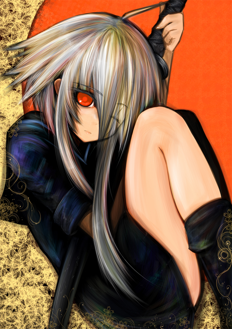 kotoba noriaki, hinomaru (kotoba), original, 1girl, boots, ears visible through hair, female focus, fetal position, katana, nichi no maru, red eyes, scar, sleeves rolled up, solo, sword, weapon, white hair