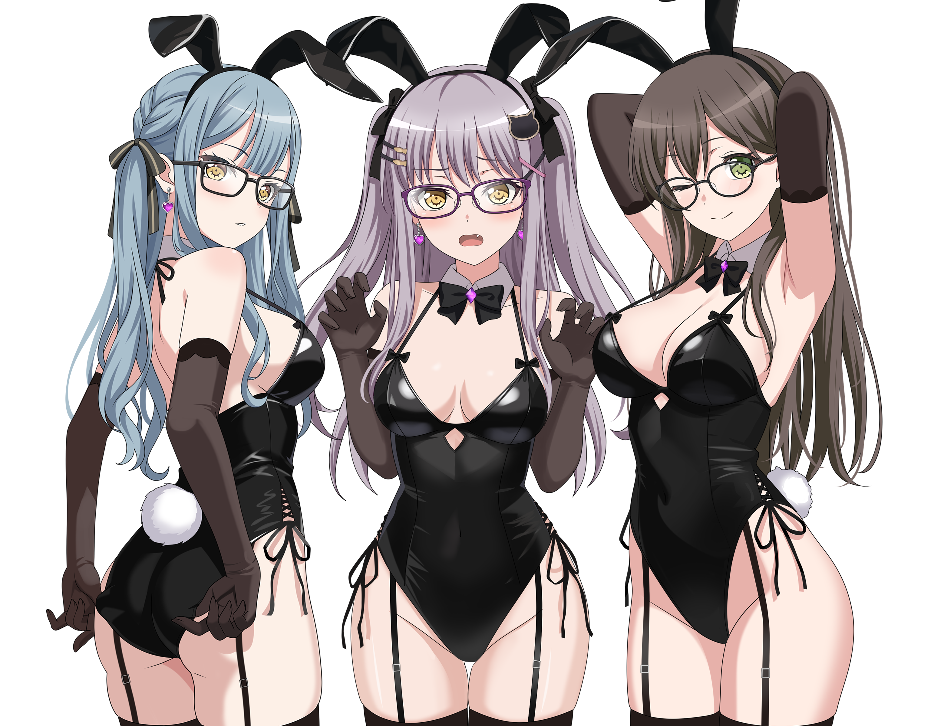 fries vanquisher, hanazono tae, minato yukina, togawa sakiko, bang dream!, bang dream! it's mygo!!!!!, absurdres, commentary, english commentary, highres, variant set, 3girls, adjusting clothes, adjusting leotard, animal ears, arms up, ass, bespectacled, black-framed eyewear, black gloves, black hair, black leotard, black ribbon, black thighhighs, blue hair, breasts, cleavage, closed mouth, elbow gloves, fake animal ears, fang, garter straps, glasses, gloves, green eyes, grey hair, hair ribbon, large breasts, leotard, long hair, medium breasts, multiple girls, one eye closed, open mouth, playboy bunny, purple-framed eyewear, rabbit ears, ribbon, sidelocks, simple background, skindentation, thighhighs, two side up, white background, yellow eyes