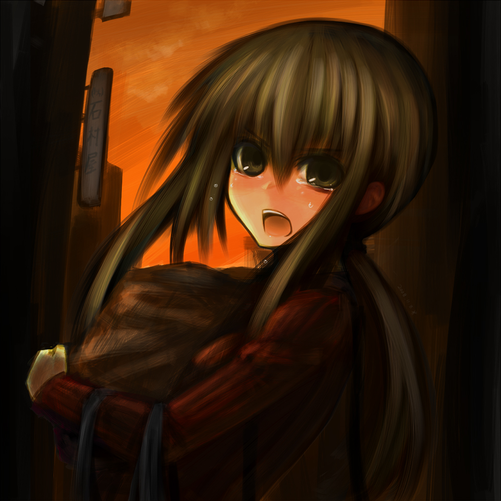 kotoba noriaki, original, silver hair, 1girl, bag, building, female focus, green eyes, green hair, grey eyes, long hair, matching hair/eyes, open mouth, ponytail, solo, sunset, tears