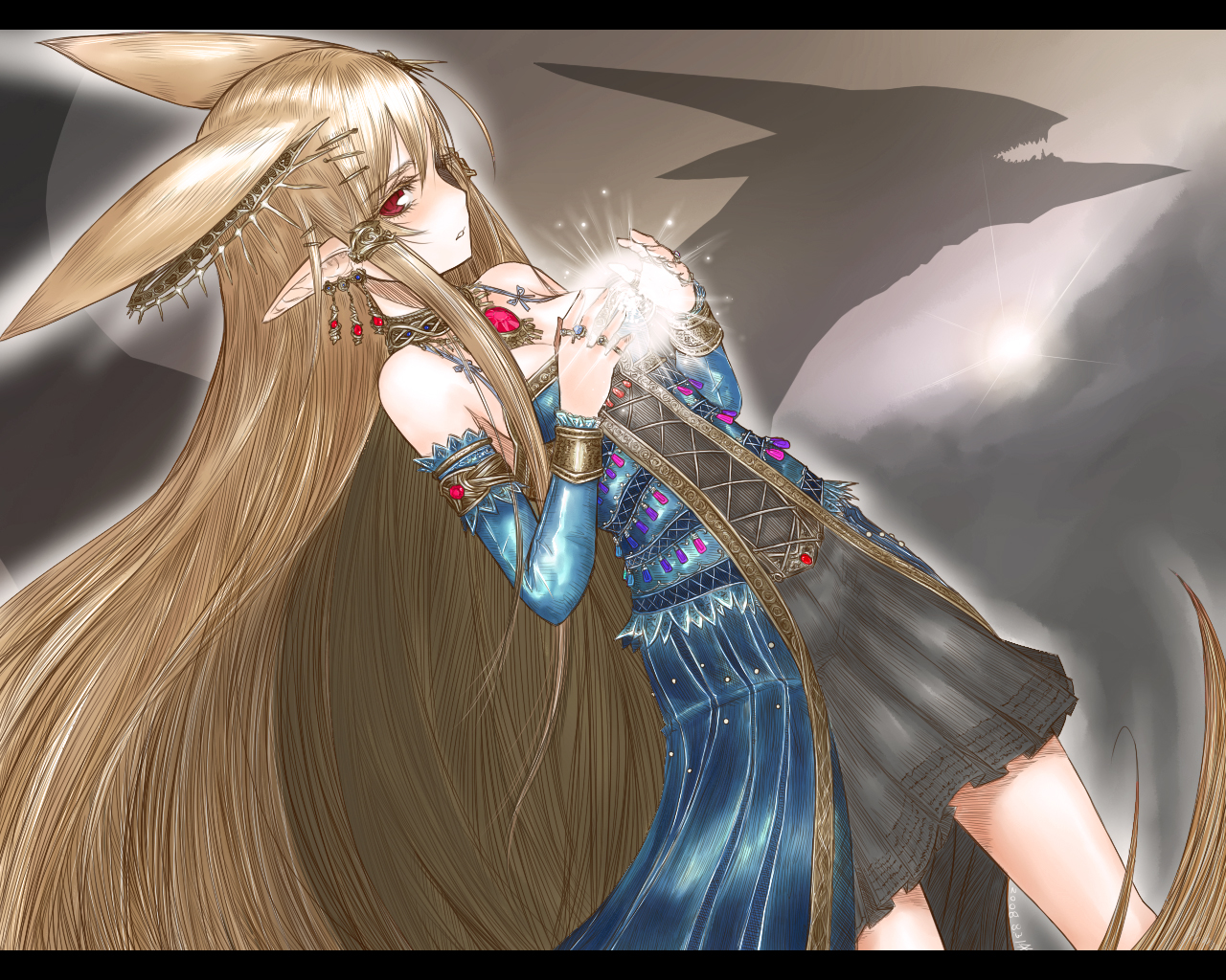 kotoba noriaki, souryuu armonica, pixiv fantasia, pixiv fantasia 2, 1girl, animal ears, blonde hair, bracelet, breasts, brown hair, cowboy shot, dress, earrings, elf, extra ears, female focus, hair ornament, hairclip, jewelry, long hair, magic, monster, necklace, pointy ears, red eyes, ring, shadow, solo, sun, very long hair