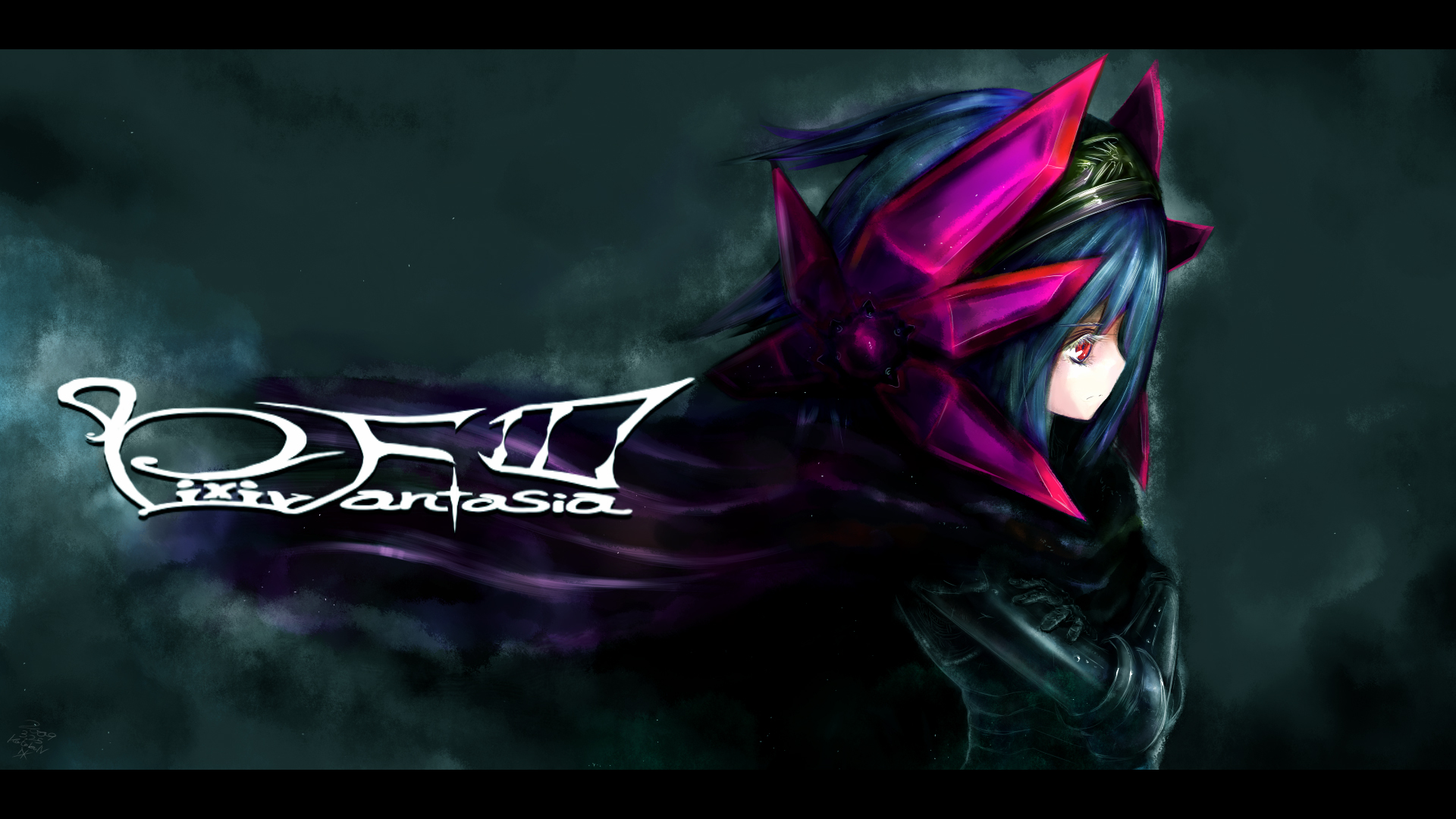 kotoba noriaki, shigunarute, pixiv fantasia, pixiv fantasia 3, highres, 1girl, armor, blue hair, cape, copyright name, female focus, gigandal federation, helmet, letterboxed, long hair, red eyes, solo, star (symbol)