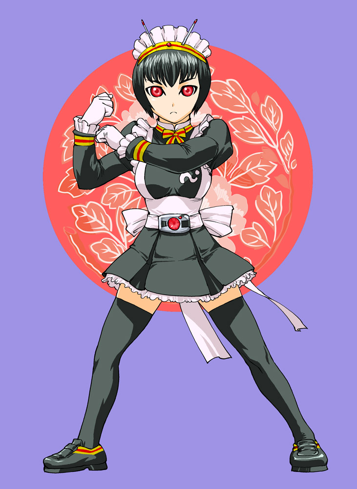 ueyama michirou, kamen rider black, rider-tan, kamen rider, kamen rider black (series), 1girl, belt, black hair, female focus, full body, genderswap, genderswap (mtf), gloves, hairband, maid, miniskirt, red eyes, short hair, skirt, solo, standing, thighhighs